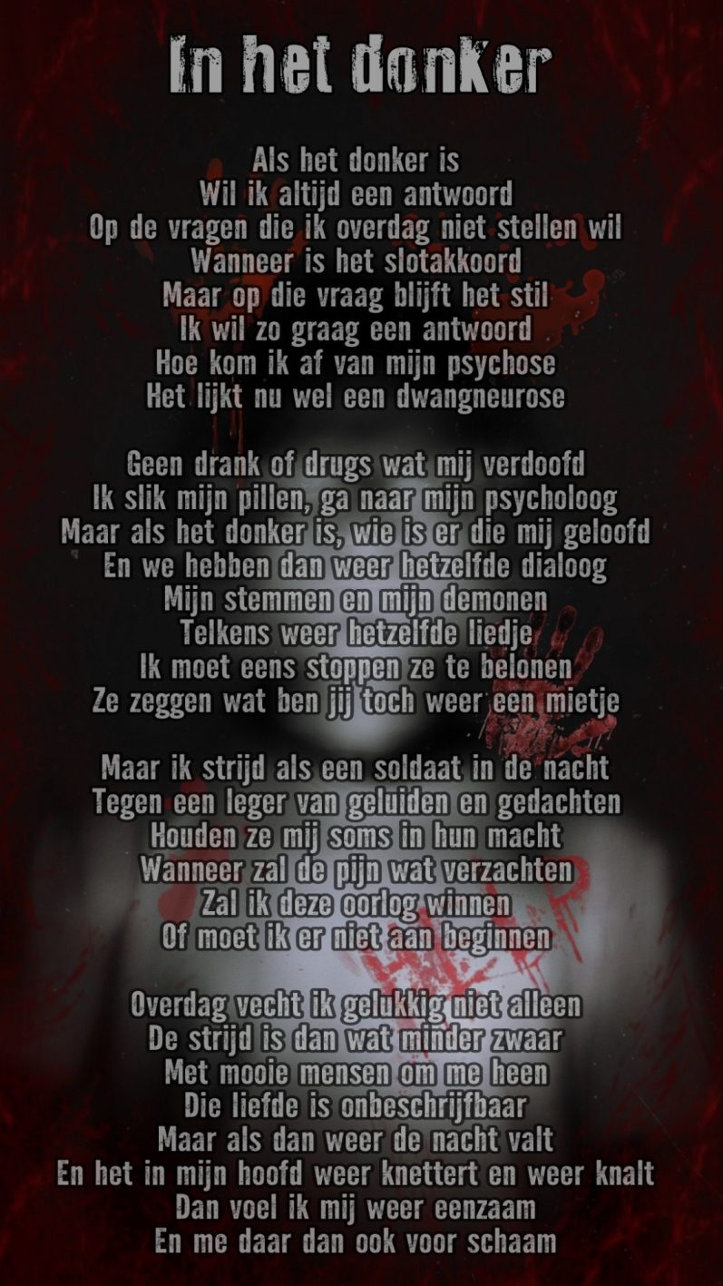 Tekst over het omgaan met angst en psychische strijd in het donker. gedicht,