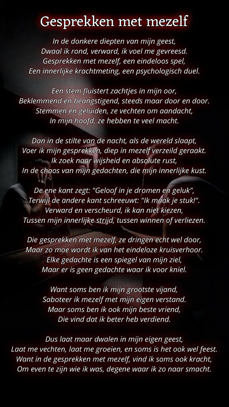 Tekst over het omgaan met angst en psychische strijd in het donker. gedicht,