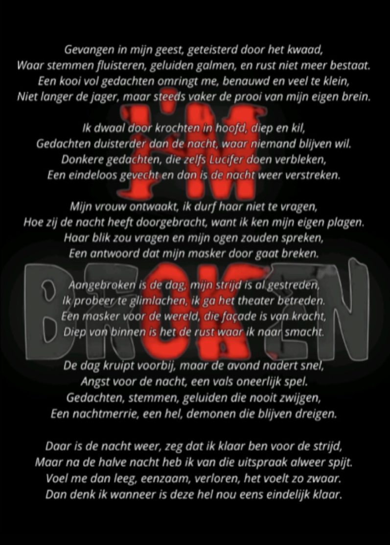 Tekst over het omgaan met angst en psychische strijd in het donker. gedicht,