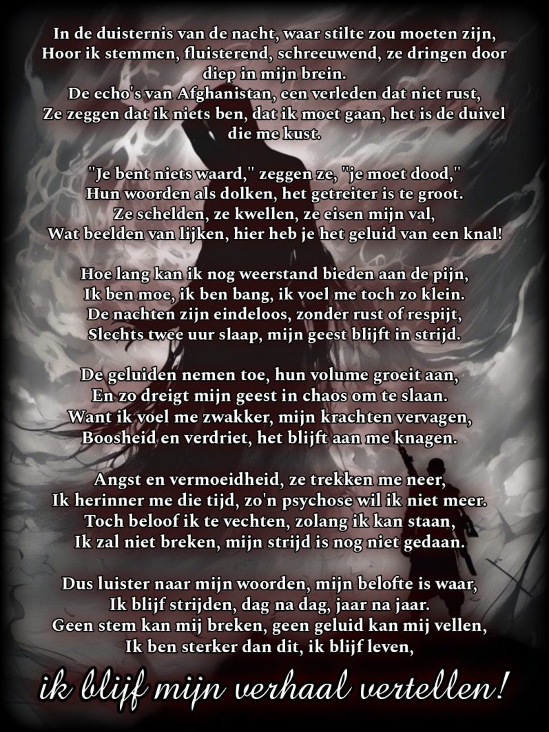 Tekst over het omgaan met angst en psychische strijd in het donker. gedicht,